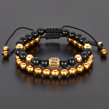 Stainless Steel + Hematite + Agate Natural Stone Bracelet Set // Black + Gold