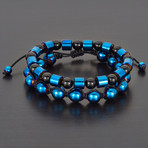Barrel + Round Hematite Beads + Polished Agate Natural Stone Bracelet Set // Blue + Black