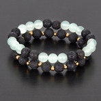 Stainless Steel + Lava + Quartz Natural Stone Bracelet Set // Black + Light Blue