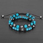 Stainless Steel + Turquoise + Polished Agate Natural Stone Bracelet Set // Silver + Black + Blue