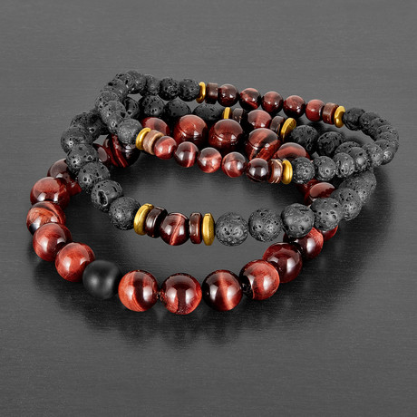 Hematite + Wood + Lava Natural Stone Bracelet Set // Set of 3 // Multicolor