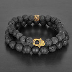 Stainless Steel Hamsa + Lava + Matte Agate Natural Stone Bracelet Set // Gold + Black