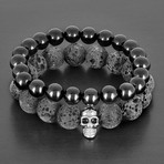 Stainless Steel Skull + Lava + Polished Agate Natural Stone Bracelet Set // Black
