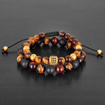 Stainless Steel + Tiger Eye + Agate Natural Stone Bracelet Set // Brown + Red + Black