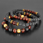 Stainless Steel + Tiger Eye + Hematite + Wood + Lava Natural Stone Bracelet Set // Black + Brown + Gold