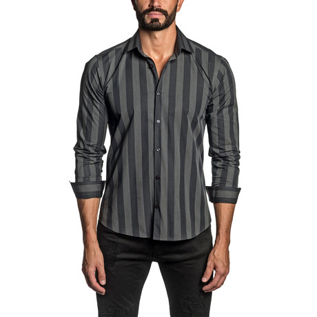 Striped Long Sleeve Button Up Shirt // Black (S)