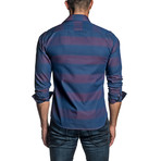 Striped Long Sleeve Button Up Shirt // Blue + Cranberry (S)