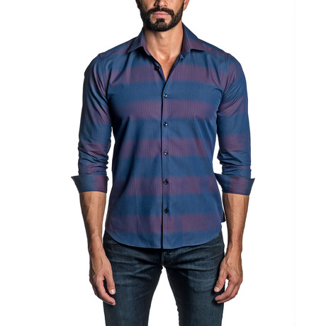 Striped Long Sleeve Button Up Shirt // Blue + Cranberry (S)