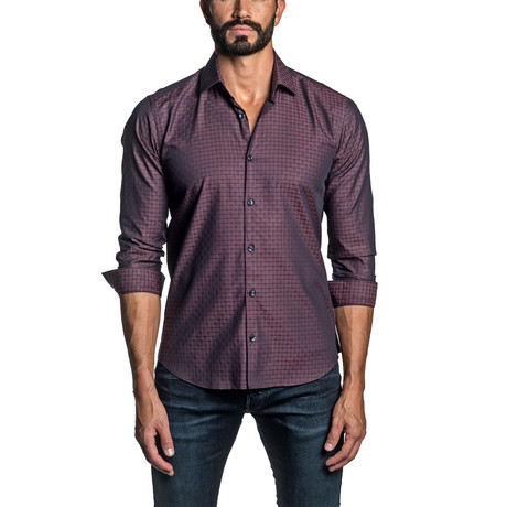 Jacquard Long Sleeve Button Up Shirt // Burgundy (S)