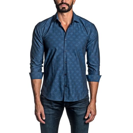 Jacquard Long Sleeve Button Up Shirt // Dark Blue (S)