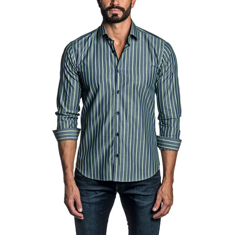 Striped Long Sleeve Button Up Shirt // Blue + Green (S)