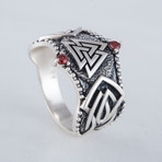 Norse Valknut Symbol Ring // Silver + Red (8)