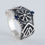 Norse Helm of Awe Symbol Ring // Silver + Blue (11)