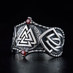 Norse Valknut Symbol Ring // Silver + Red (10)
