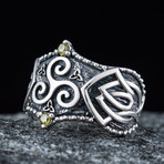 Norse Triskelion Symbol Ring // Silver + Green (10)