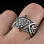 Norse Valknut Symbol Ring // Silver + Red (6)