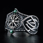 Norse Vegvisir Symbol Ring // Silver + Emerald (10.5)