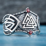 Norse Valknut Symbol Ring // Silver + Red (11)