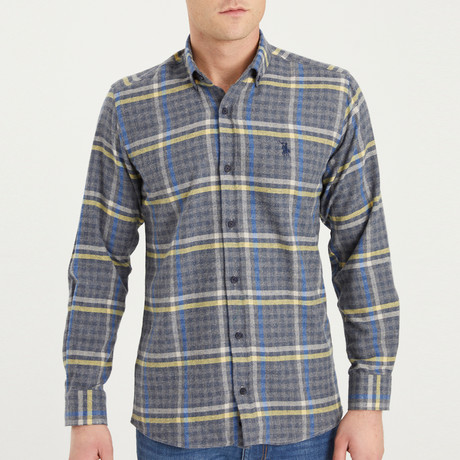 Plaid Button Up  // Gray + Blue + Yellow+ White (S)
