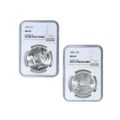 Morgan & Peace Silver Dollar 2-Coin Set (1878-1926) // NGC Certified Mint State Condition // Wood Presentation Box