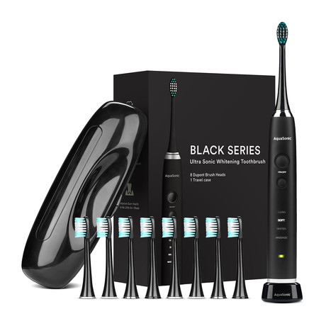 AquaSonic Black Series // Ultra Sonic Whitening Toothbrush + 8 Dupont Brush Heads + Travel Case