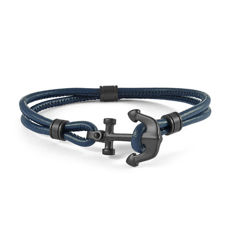 Anchor Leather Bracelet // Navy Blue + Black (L)