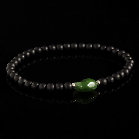 Nephrite Jade + 925 Silver + Onyx Bracelet // Green (S)
