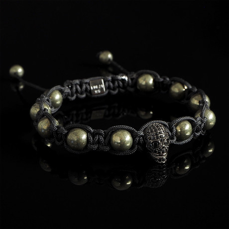 Pyrite + Black Diamond Skull Bracelet // Gold (S)