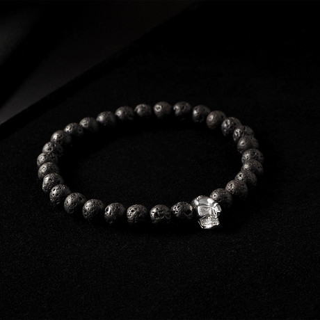 925 Silver Skull + Lava Stone Quartz Bracelet // Black (S)