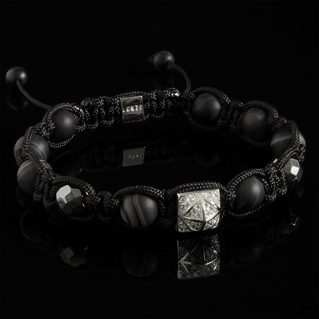 Matte Banded Agate + Hematite + Diamond Shamballa Bracelet // Black (S)