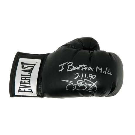 James Buster Douglas // Signed Everlast Black Boxing Glove // "I Beat Iron Mike 2/11/90" Inscription