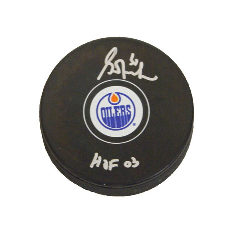 Grant Fuhr // Signed Edmonton Oilers Logo // Hockey Puck // "HOF '03" Inscription