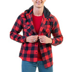 Checkered Pattern Hooded Flannel // Red + Navy Blue (4XL)