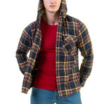 Plaid Pattern Hooded Flannel // Navy Blue + Yellow + Red (S)