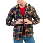 Plaid Pattern Hooded Flannel // Navy Blue + Yellow + Red (5XL)