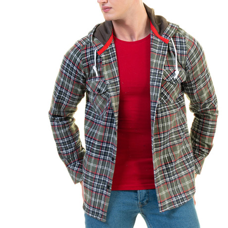 Plaid Pattern Hooded Flannel // Green + Black + Red + White (S)