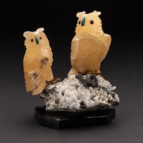 Polished Hand Carved Orange Calcite Wise Owls + Quartz Crystal Matrix