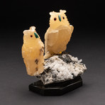 Polished Hand Carved Orange Calcite Wise Owls + Quartz Crystal Matrix