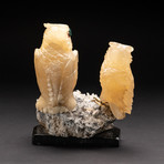 Polished Hand Carved Orange Calcite Wise Owls + Quartz Crystal Matrix