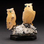 Polished Hand Carved Orange Calcite Wise Owls + Quartz Crystal Matrix