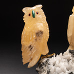 Polished Hand Carved Orange Calcite Wise Owls + Quartz Crystal Matrix