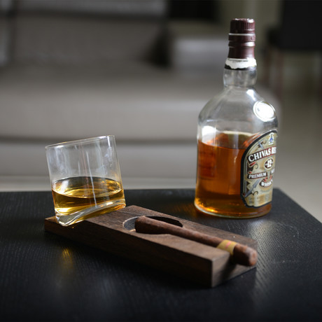 Whiskey Tilt Glass + Rectangular Wooden Tray