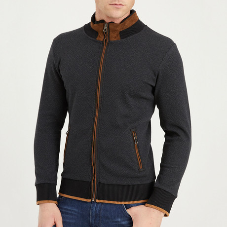 HerringbonePattern Zip Up Sweater // Dark Gray (S)