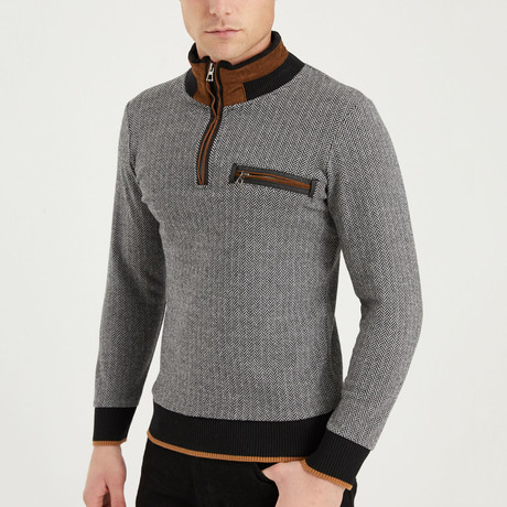 HerringbonePattern Quarter Zip Up Sweater // Gray (S)