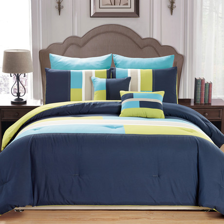 Desiree Bordered Comforter Set // 7 Piece Set // Blue (Queen)