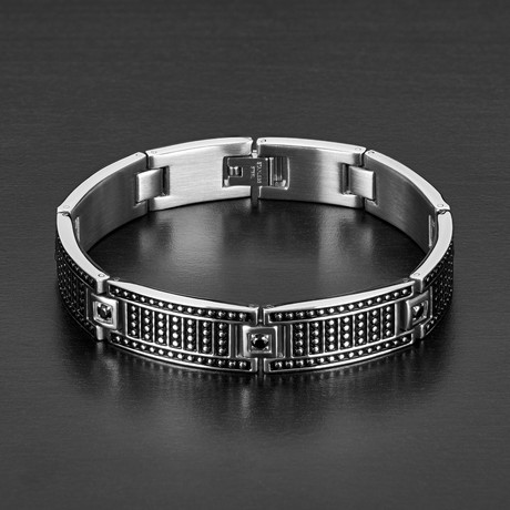 Antiqued Textured Inlay Steel Link Bracelet // Black + Silver // 11mm