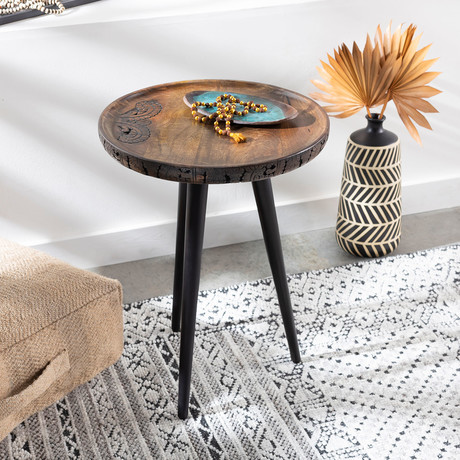 Kavya End Table // Intricate Wood-Etched Top