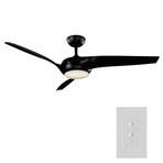 Nirvana // Indoor + Outdoor 3-Blade Smart Ceiling Fan 56in Matte Black with 3000K LED Light Kit and Wall Control (Matte Black)