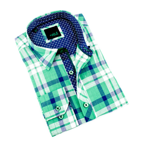 Floral Trim Button-Up Long Sleeve Shirt // Green + Navy (M)