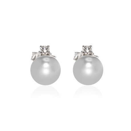 Mikimoto 18k White Gold Diamond + Akoya Pearl Earrings I // Store Display